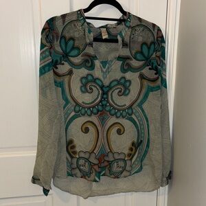 Elegant Teal and Orange Patterned Blouse